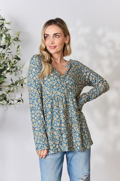 Floral Half Button Long Sleeve Blouse