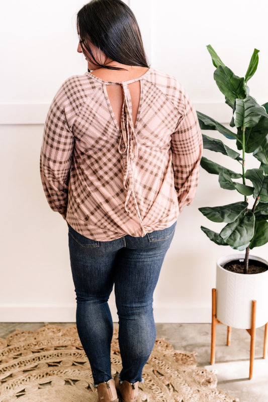 Tie Back Long Sleeve Top In Blush Plaid