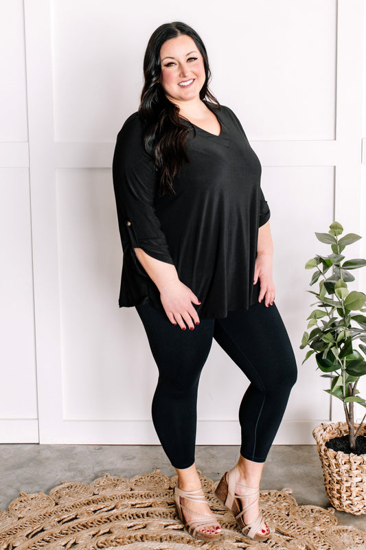 V Neck Stretchy Blouse Top With Button Sleeve Detail In Black