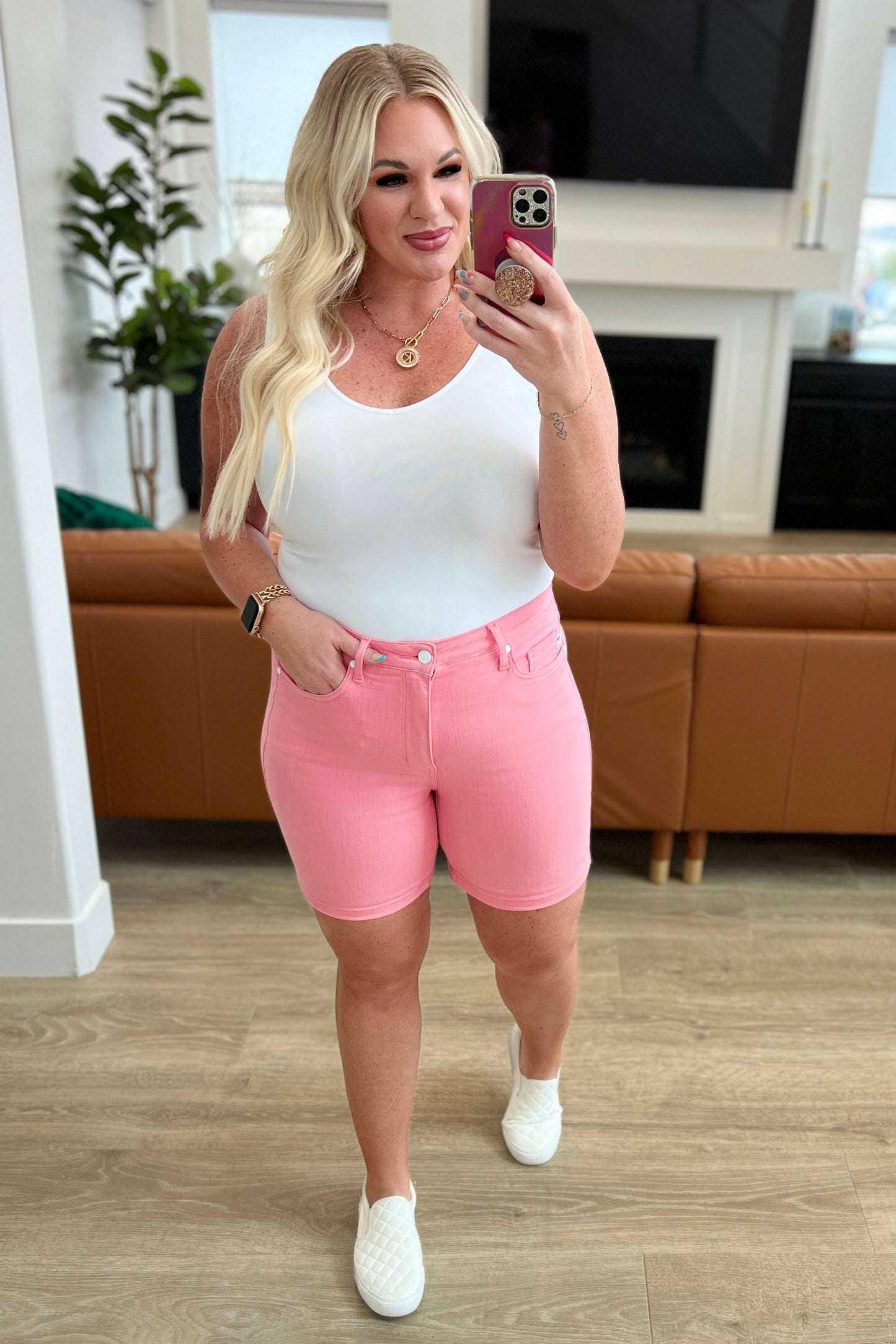 Judy Blue High Rise Control Top Cuffed Shorts in Pink