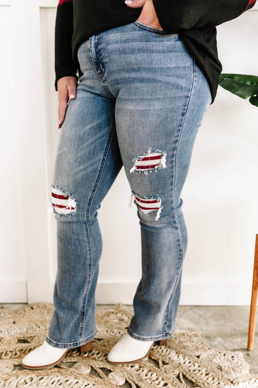 Judy Blue Mid Rise Bootcut Jeans With Plaid Patch Detail