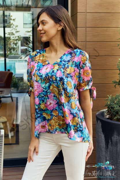 Annalise Floral V-Neck Tie Detail Blouse Navy/Pink / S Shirts & Tops