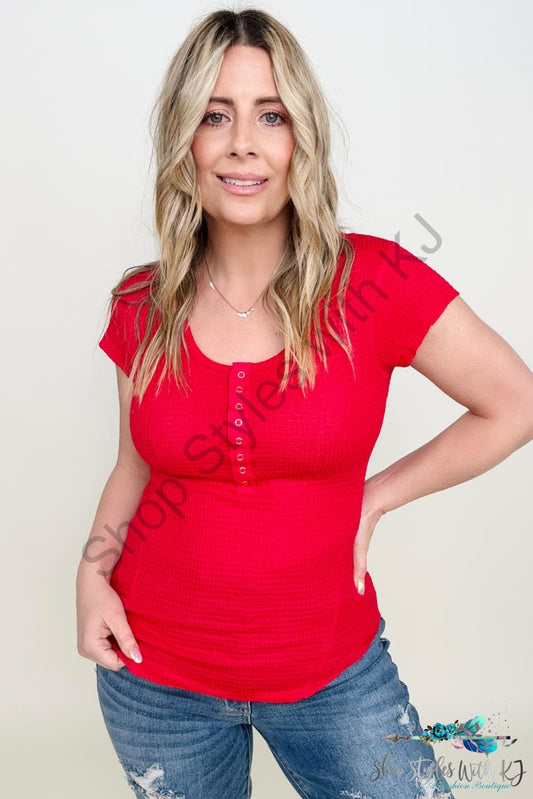Zenana Baby Waffle Snap Button Cap Sleeve Top Ruby / S T-Shirts
