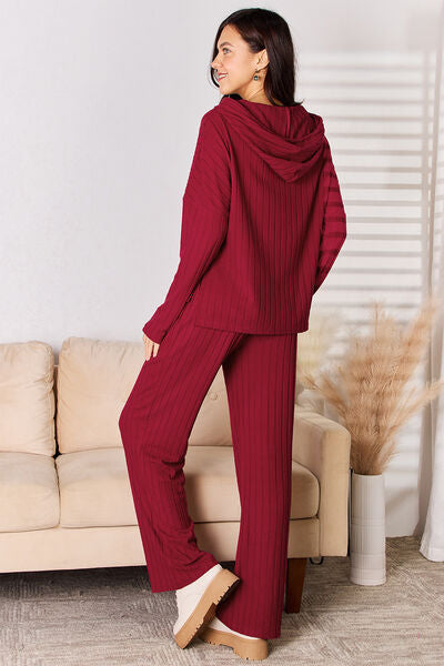 Ribbed Drawstring Hood Top and Straight Pants Set