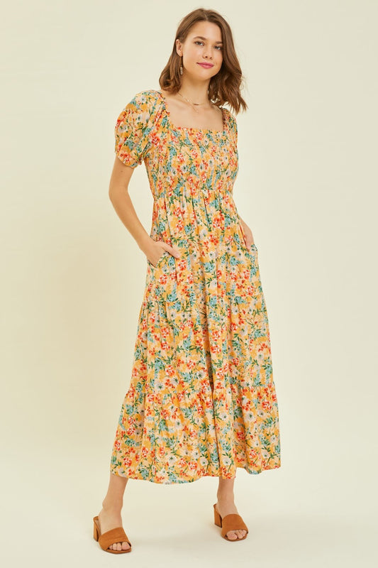 Floral Smocked Tiered Midi Dress