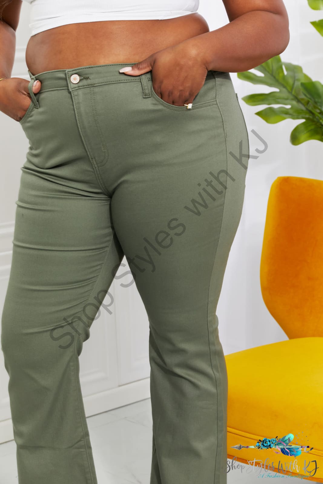 Clementine High-Rise Bootcut Jeans In Olive Pants