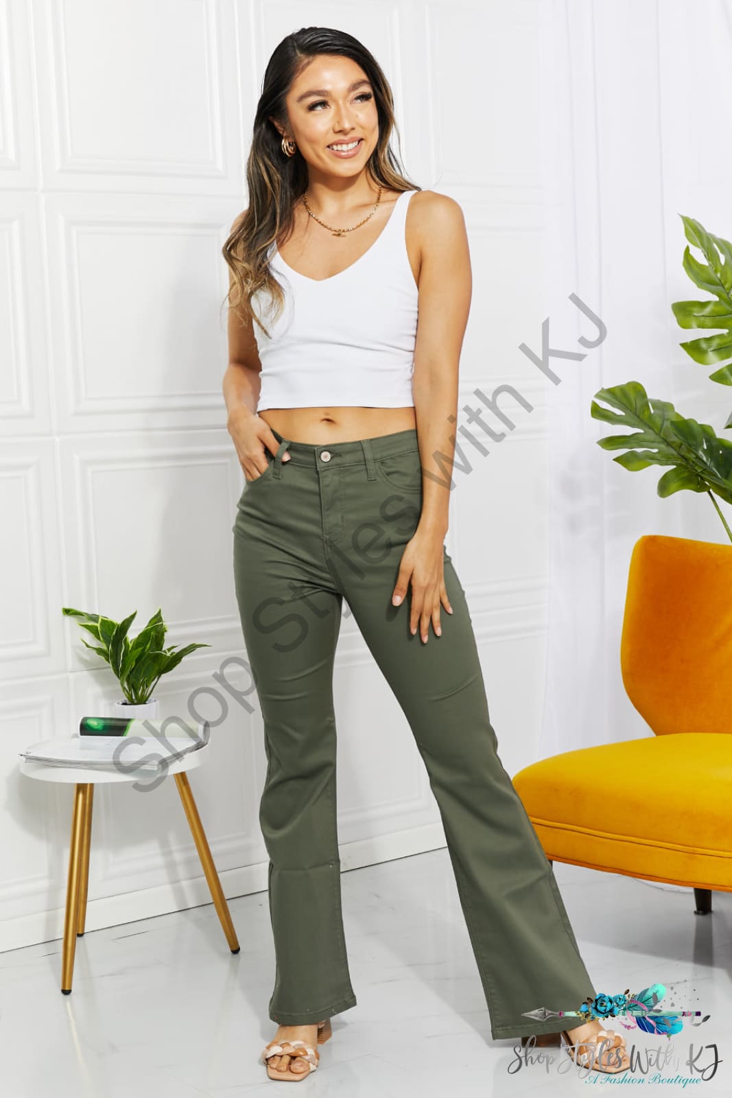 Clementine High-Rise Bootcut Jeans In Olive Pants