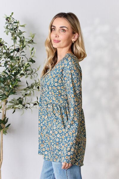 Floral Half Button Long Sleeve Blouse