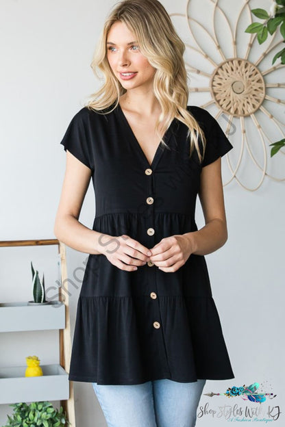 Dolores Buttoned V-Neck Tiered Top Black / S Shirts & Tops