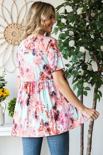 Floral V-Neck Short Sleeve Babydoll Blouse