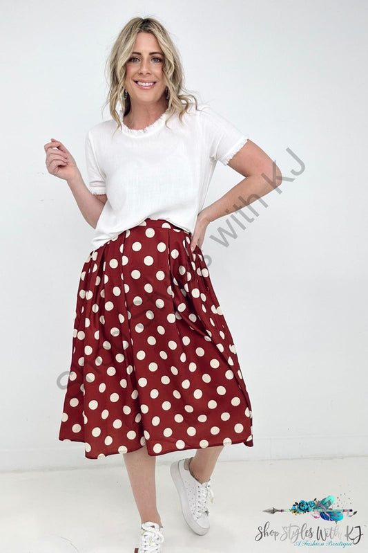Ellianna Polka Dot Pleated Midi Skirt Burgundy / S Skirts