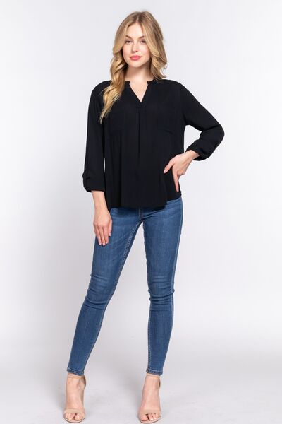 Notched Long Sleeve Woven Top