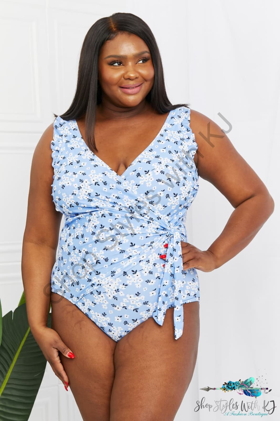 Marina West Swim Full Size Float On Ruffle Faux Wrap One-Piece In Blossom Blue