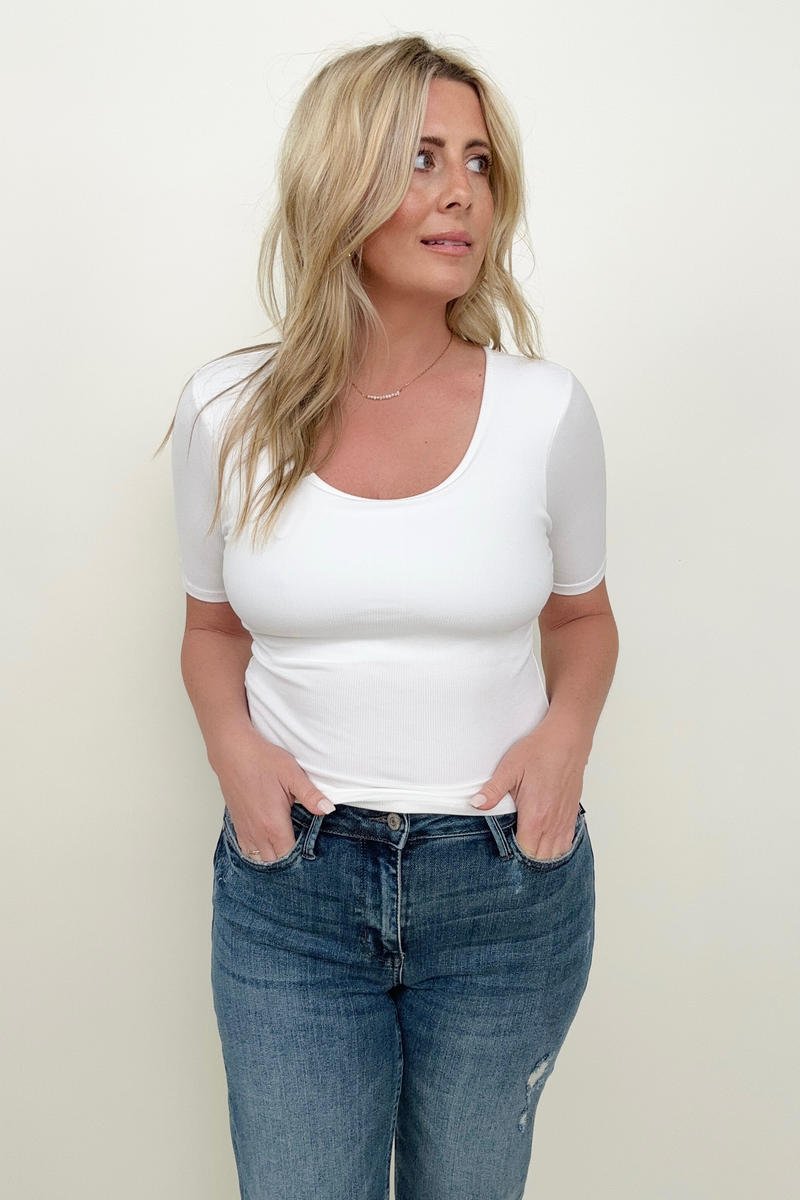 Fawnfit Basic Ribbed Fitted Tee with Built In Bra