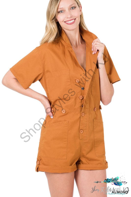 Imani Woven Cotton Button Front Shirt Romper Almond / S Rompers
