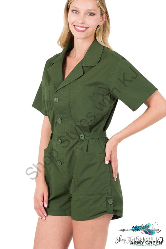 Imani Woven Cotton Button Front Shirt Romper Army Green / S Rompers