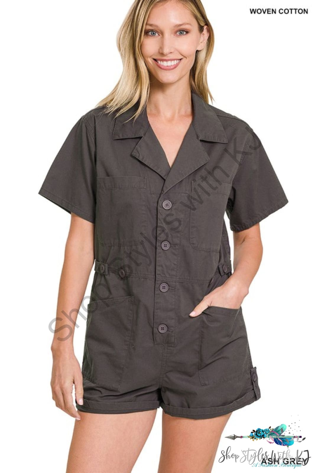 Imani Woven Cotton Button Front Shirt Romper Ash Grey / S Rompers
