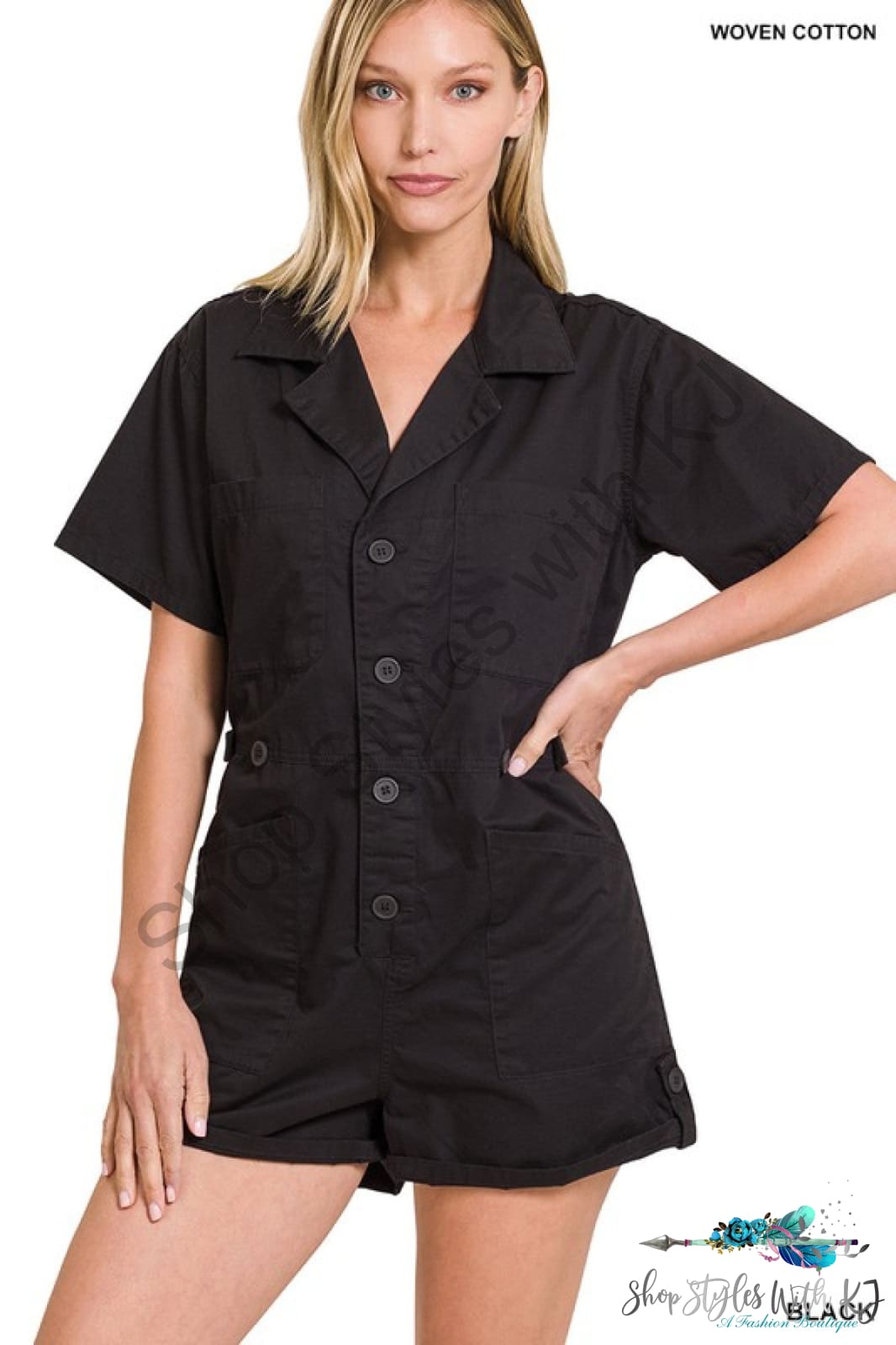 Imani Woven Cotton Button Front Shirt Romper Black / S Rompers