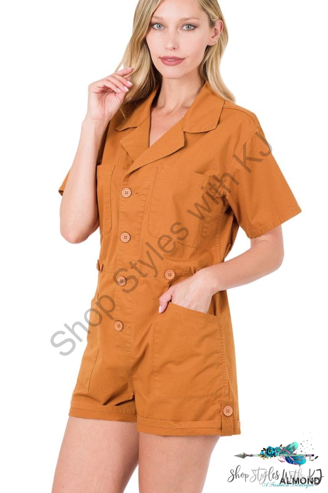 Imani Woven Cotton Button Front Shirt Romper Rompers