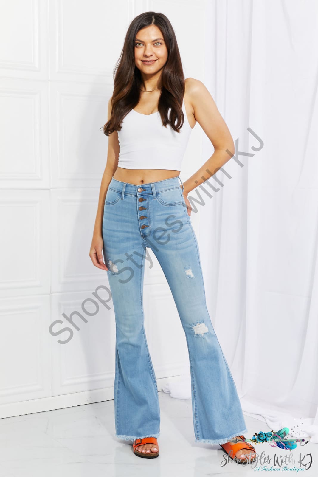Jess High Rise Button Flare Jeans Pants