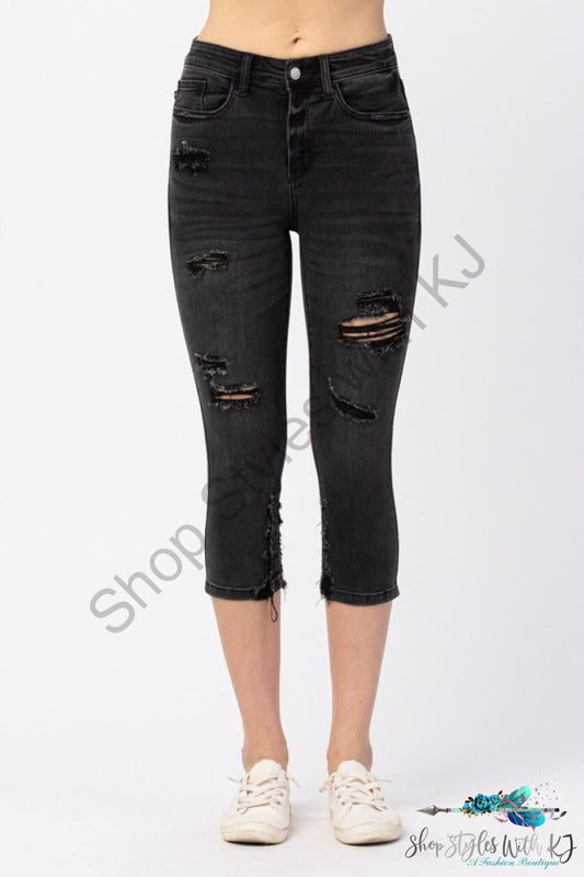 Judy Blue High Waist Black Distressed Skinny Capri 0 (24) Jeans