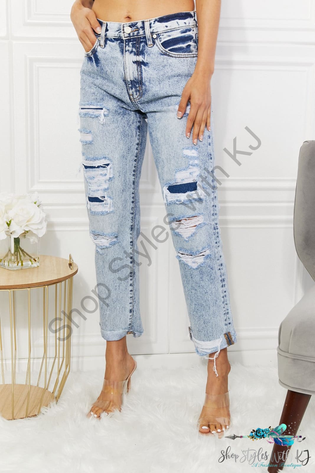 Kancan Kendra High Rise Distressed Straight Jeans Light / 1(25) Pants