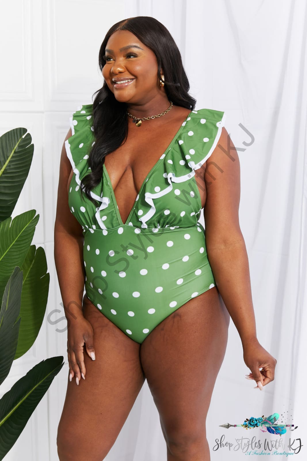 Moonlit Dip Ruffle Plunge Swimsuit In Mid Green / S Swimwear