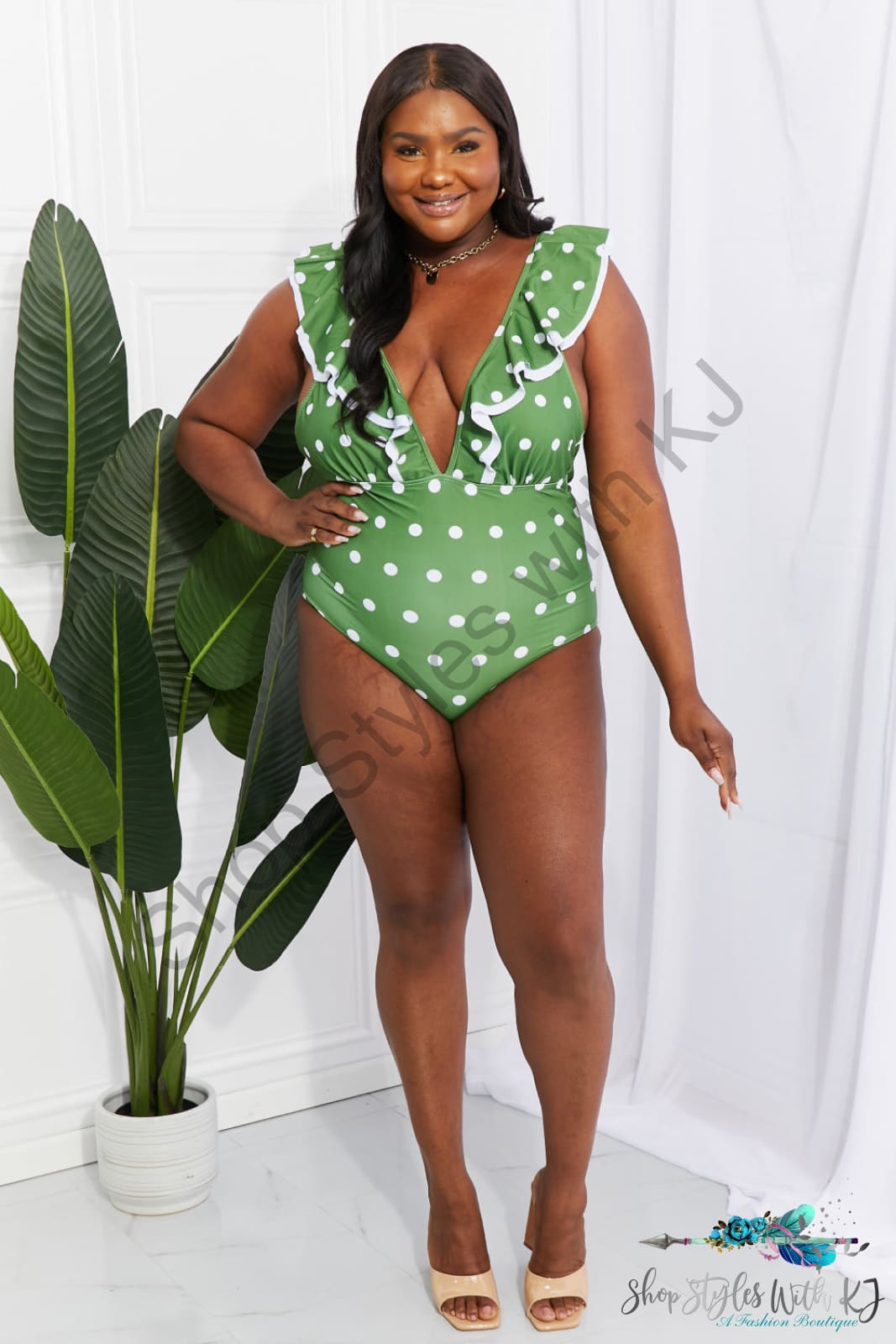 Moonlit Dip Ruffle Plunge Swimsuit In Mid Green Swimwear