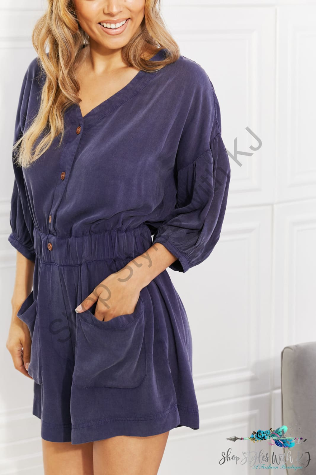 Play It Cool Three-Quarter Sleeve Romper In Blueberry Jumpsuits & Rompers