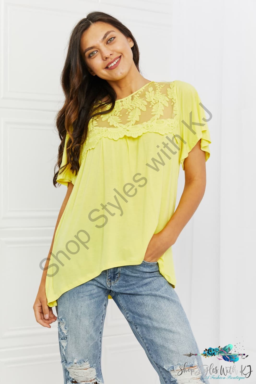 Ready To Go Lace Embroidered Top In Yellow Mousse Butter / S Shirts & Tops