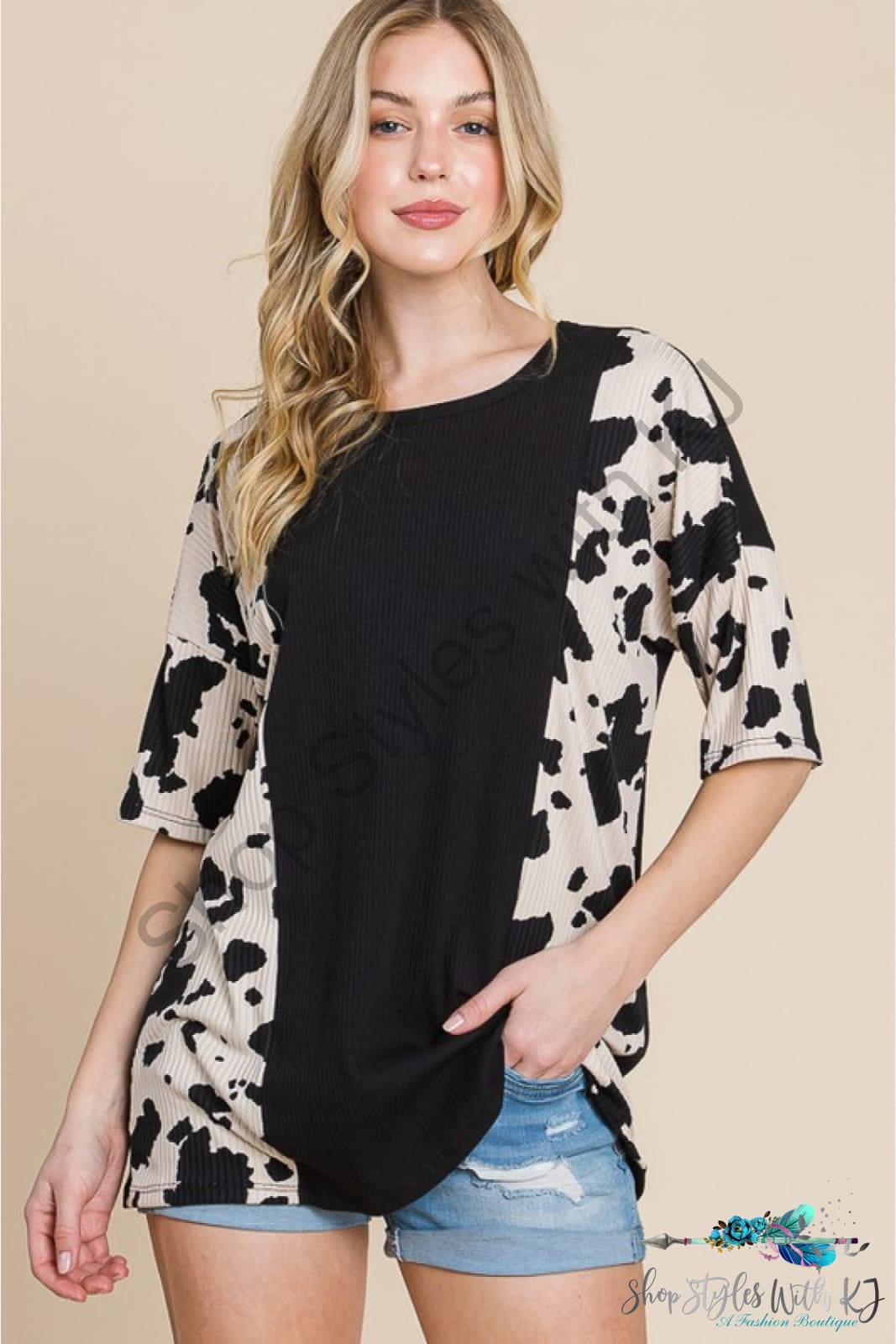 Rodeo Love Ribbed Animal Contrast Tee Black / S Shirts & Tops