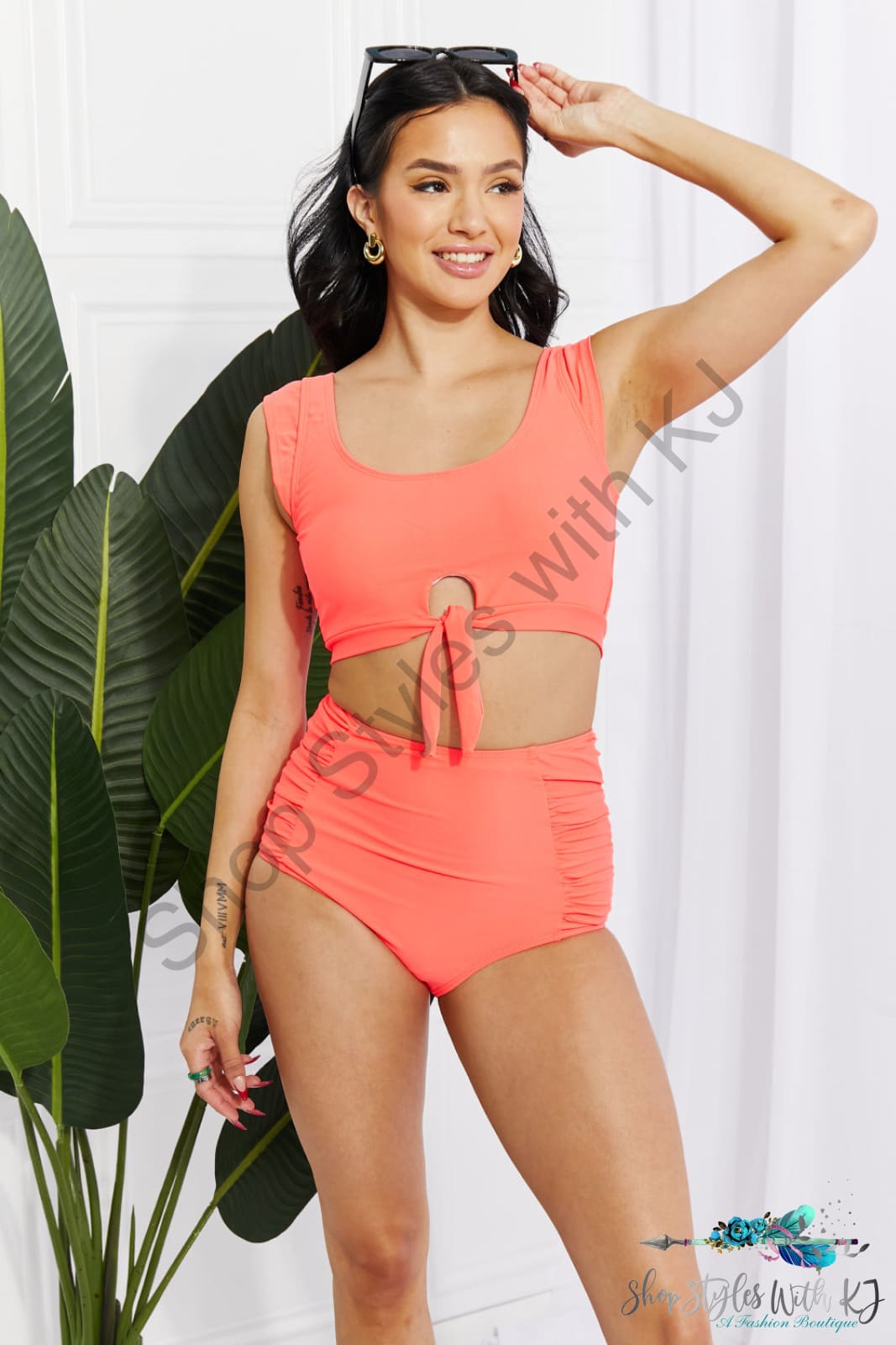 Sanibel Crop Swim Top And Ruched Bottoms Set In Coral / S Swimwear