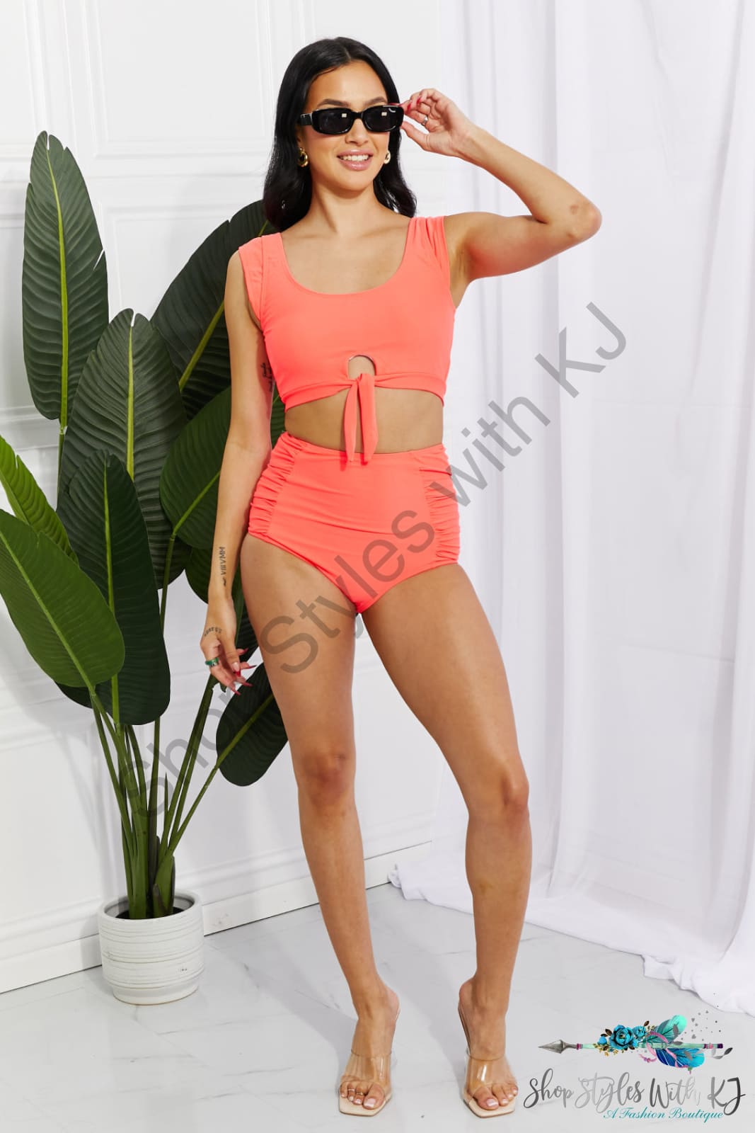Sanibel Crop Swim Top And Ruched Bottoms Set In Coral Swimwear