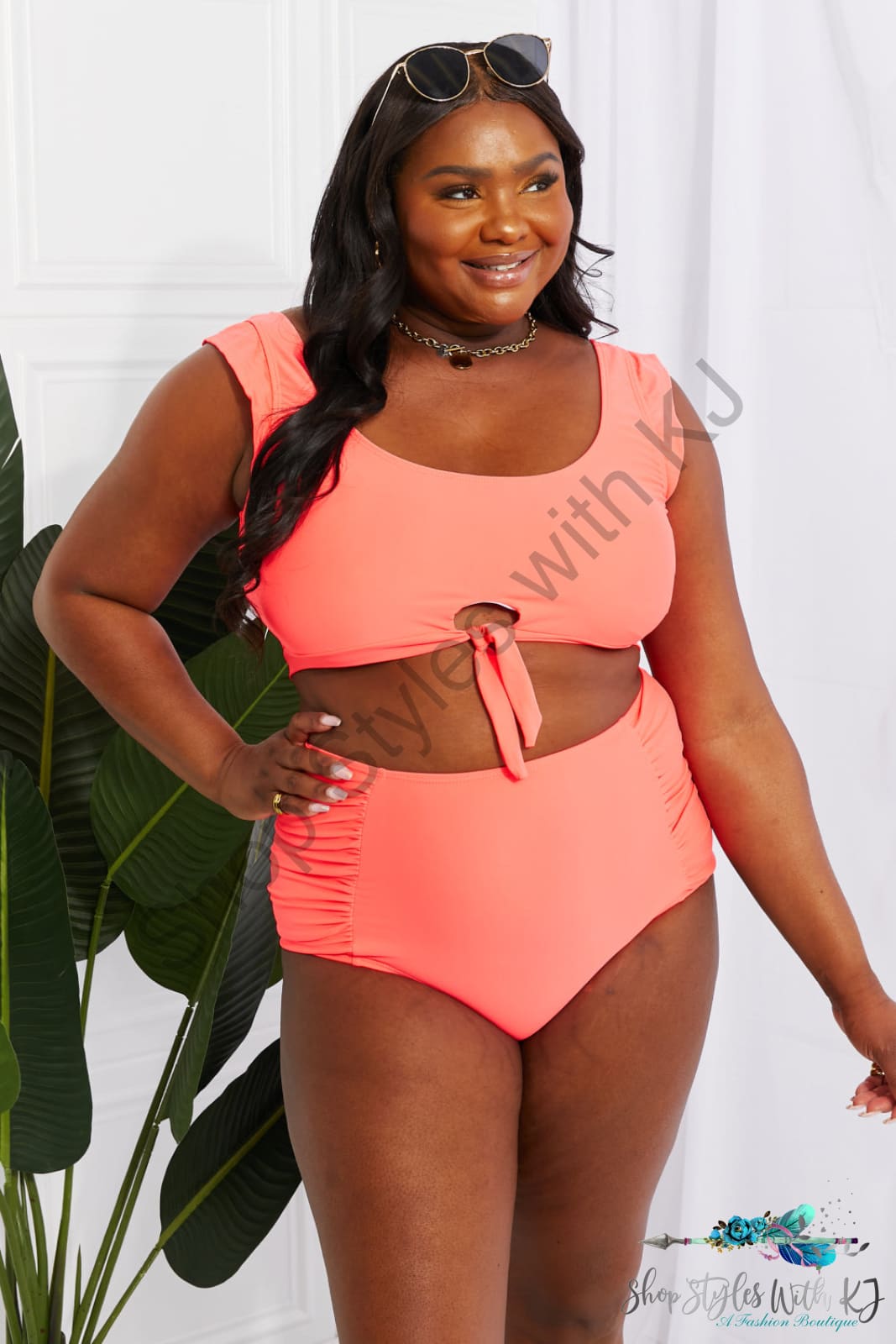 Sanibel Crop Swim Top And Ruched Bottoms Set In Coral Swimwear
