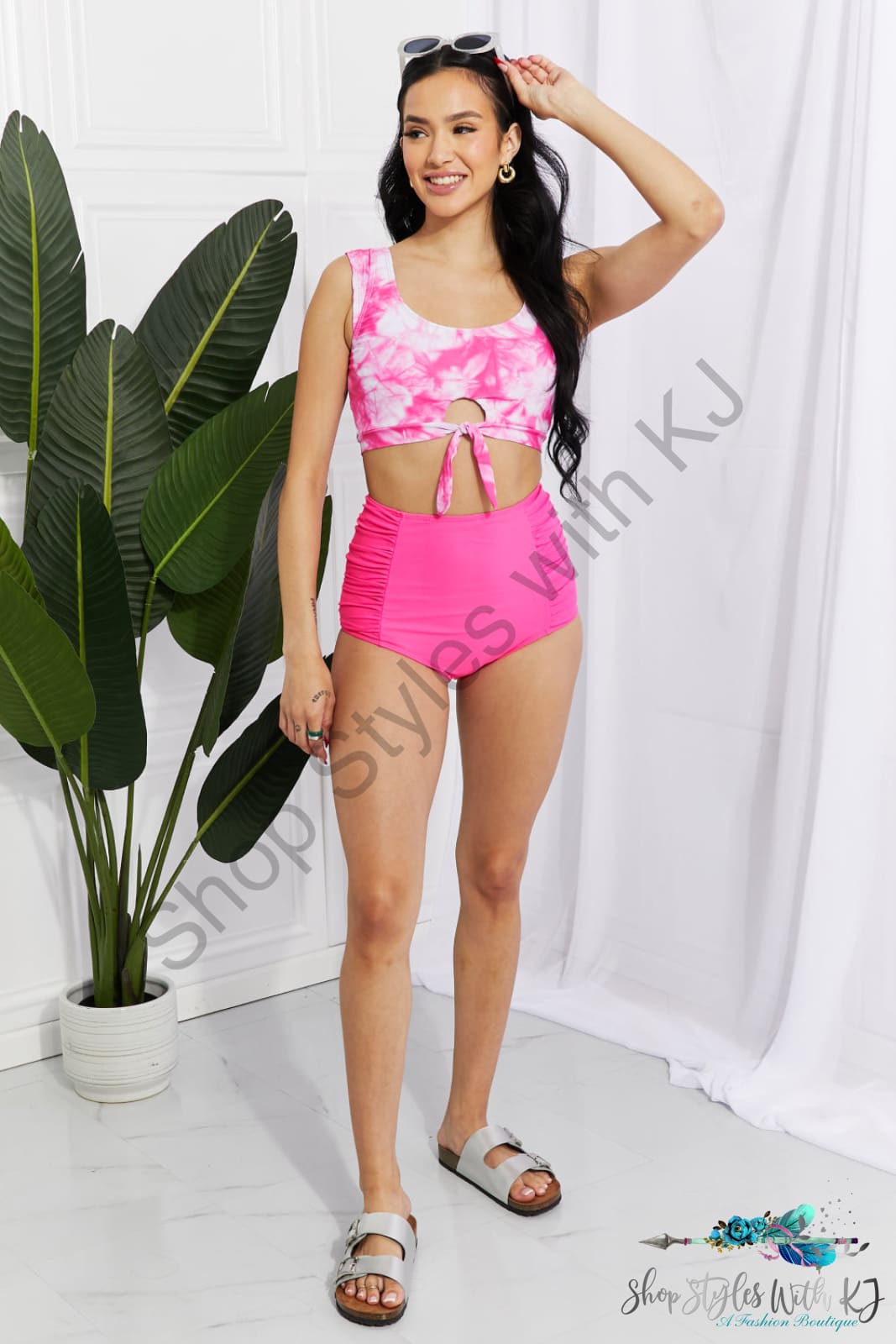Sanibel Crop Swim Top And Ruched Bottoms Set In Pink Swimwear