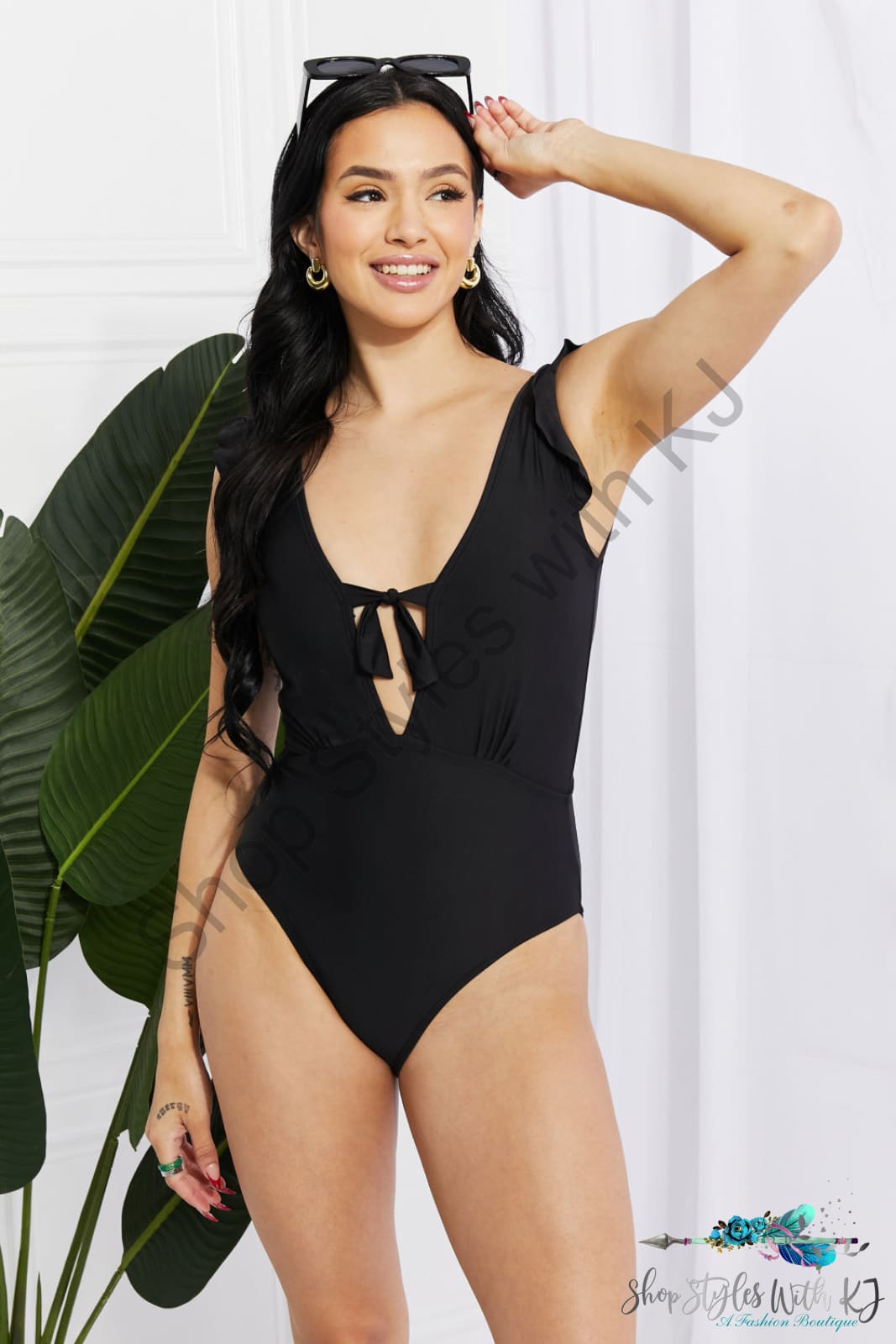 Seashell Ruffle Sleeve One-Piece In Black / S Swimwear