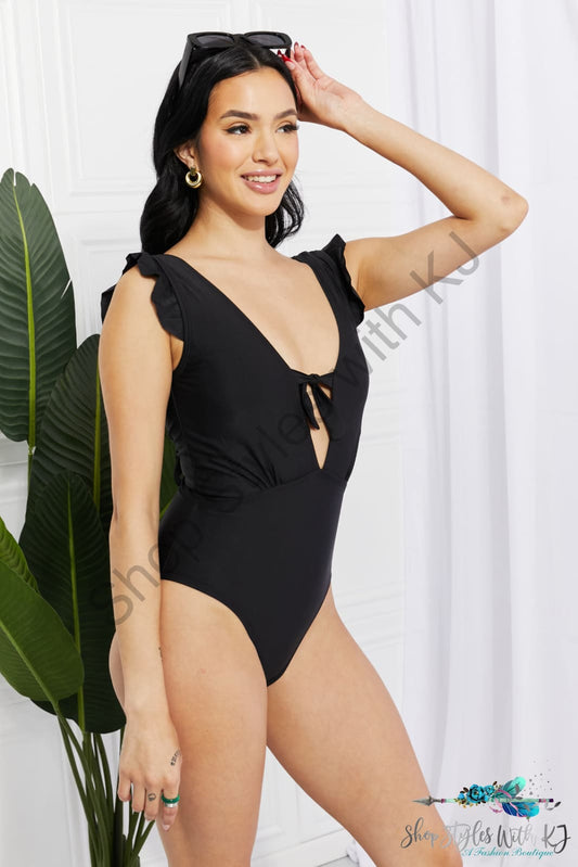 Seashell Ruffle Sleeve One-Piece In Black Swimwear