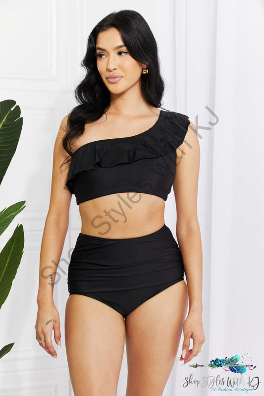 Seaside Romance Ruffle One-Shoulder Bikini In Black / S Swimwear