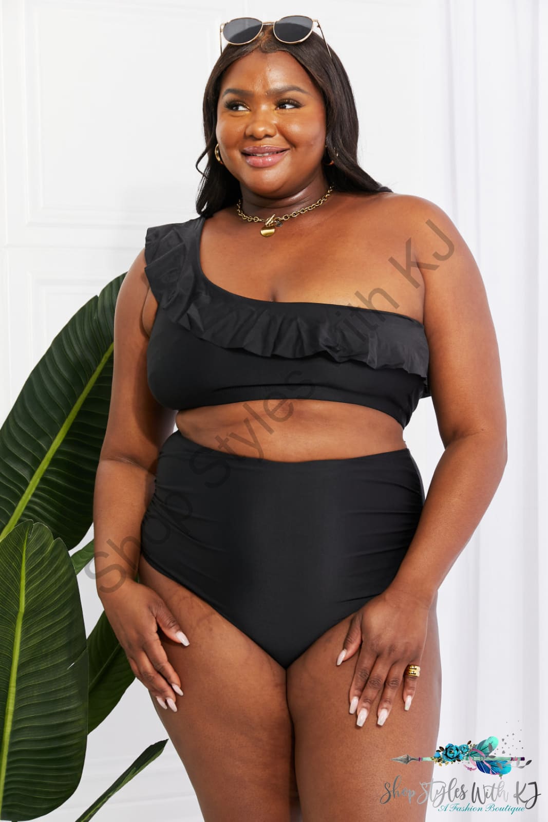 Seaside Romance Ruffle One-Shoulder Bikini In Black Swimwear