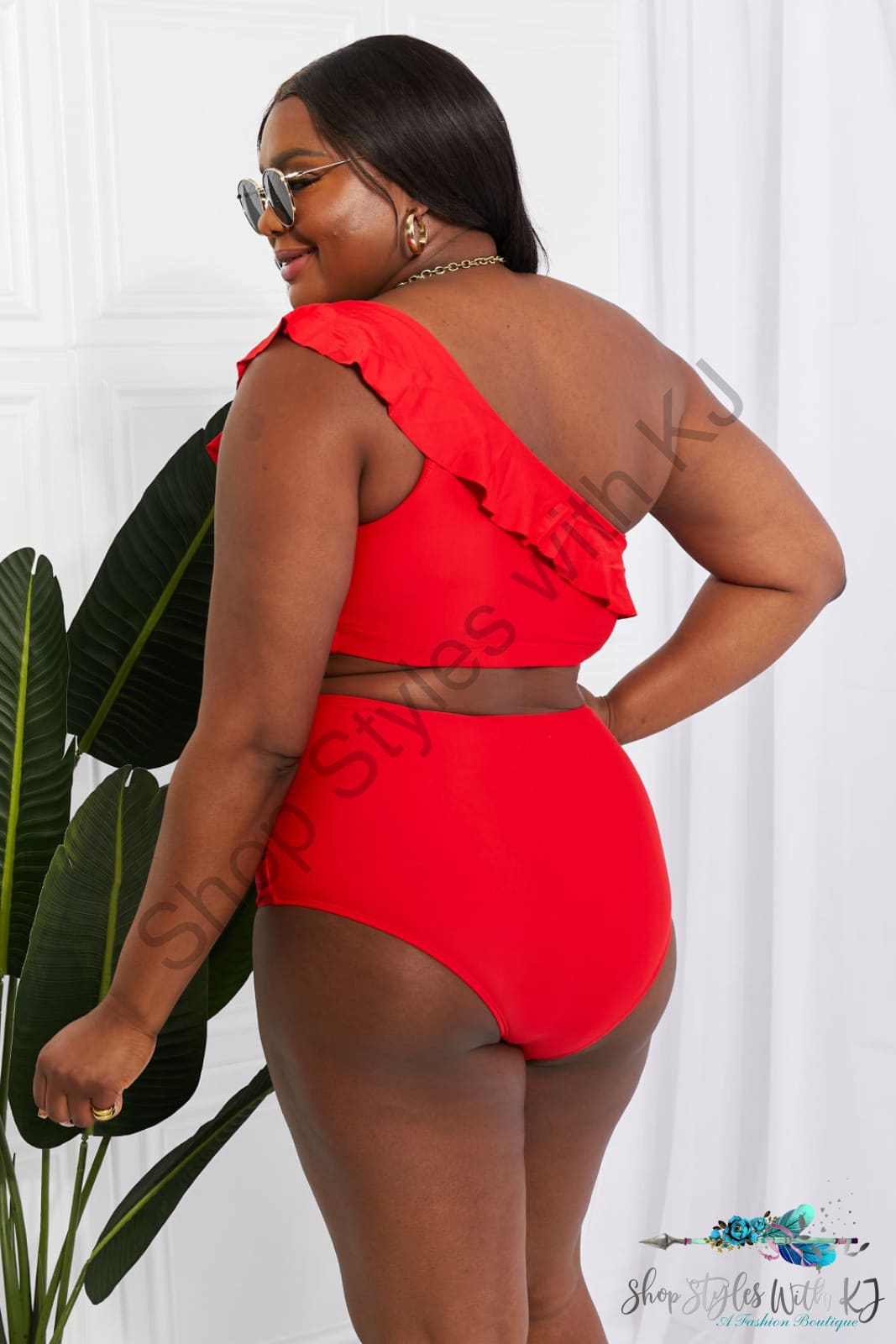 Seaside Romance Ruffle One-Shoulder Bikini In Red Swimwear