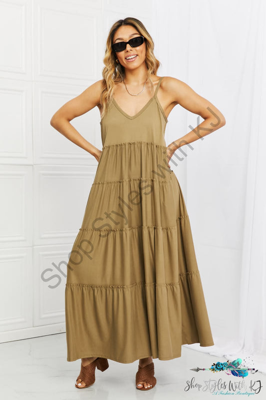 Spaghetti Strap Tiered Dress With Pockets In Khaki / S Dresses