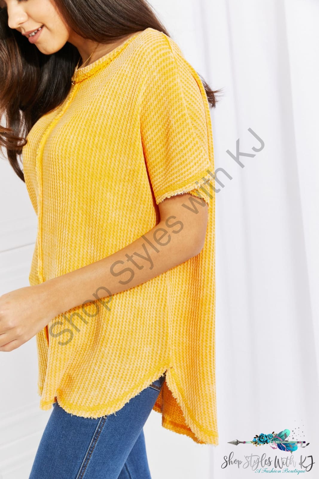 Start Small Washed Waffle Knit Top In Yellow Gold Shirts & Tops