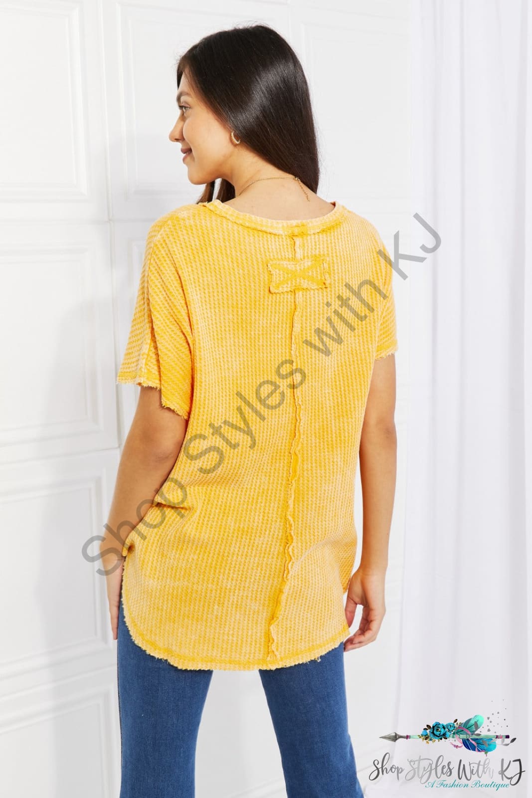 Start Small Washed Waffle Knit Top In Yellow Gold Shirts & Tops