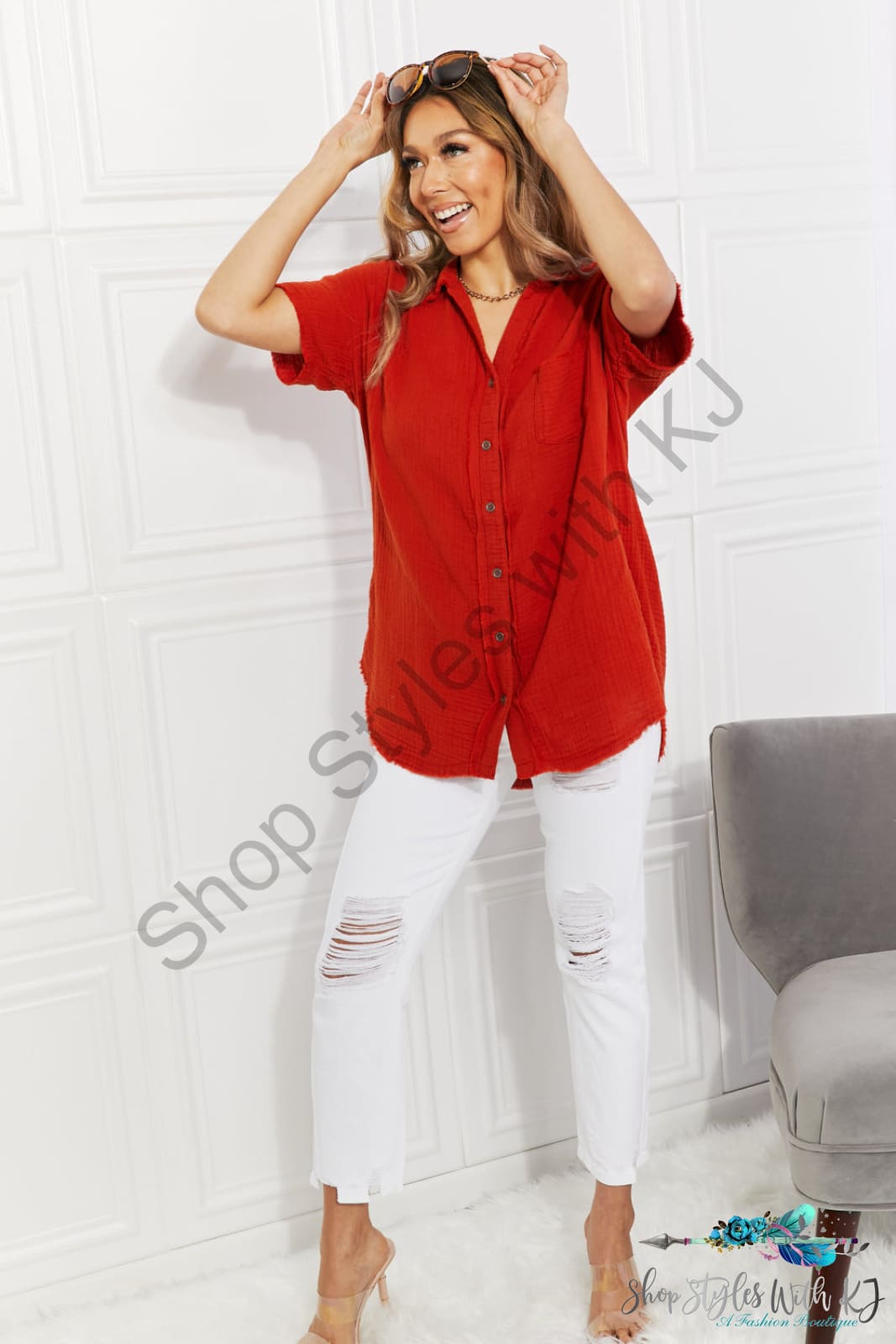 Summer Breeze Gauze Short Sleeve Shirt In Copper Shirts & Tops