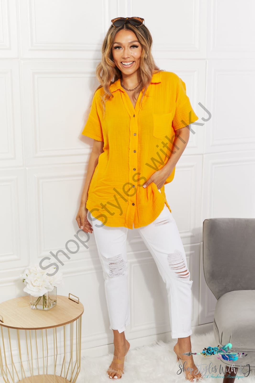 Summer Breeze Gauze Short Sleeve Shirt In Mustard Shirts & Tops