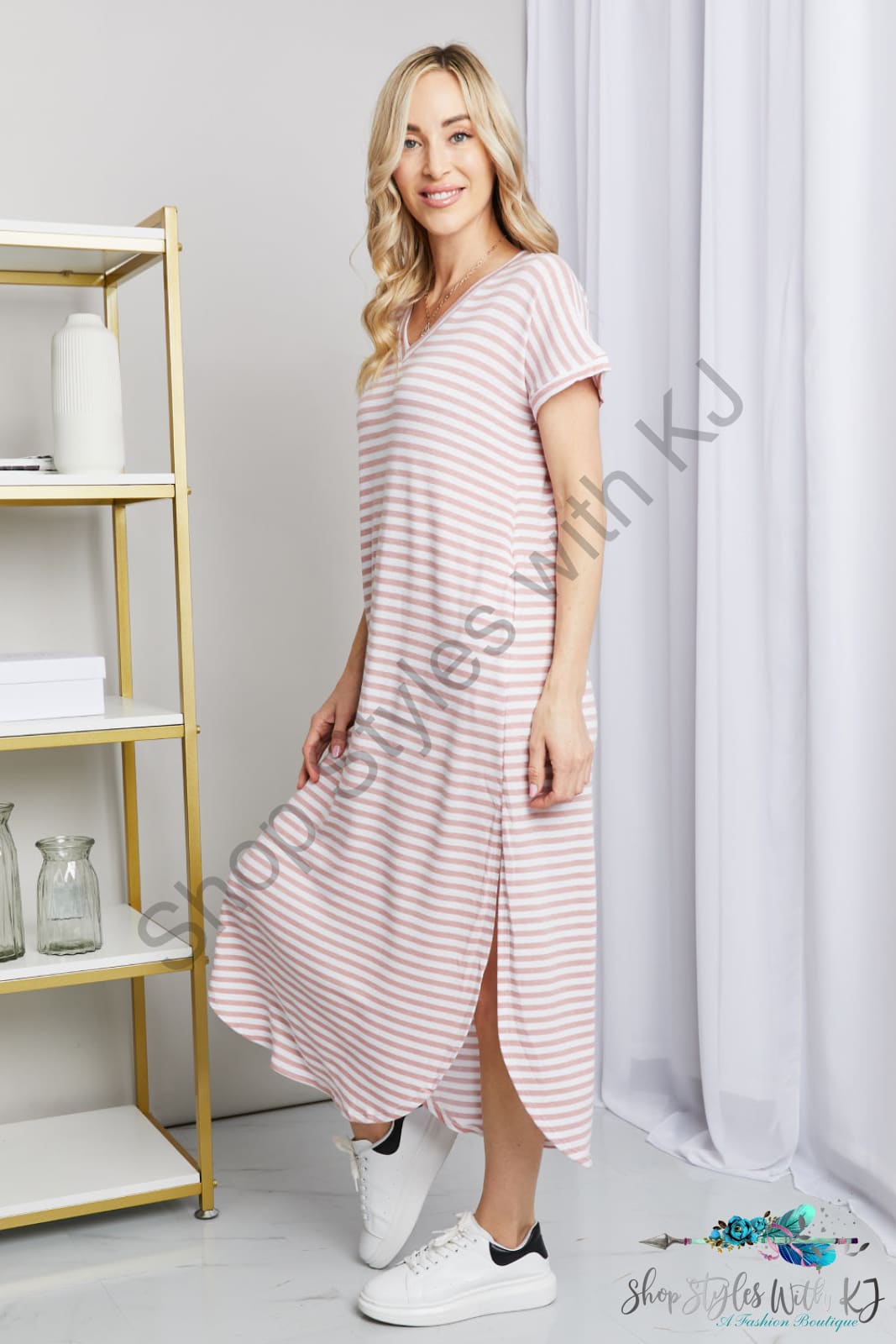 Tobi Horizontal Stripe Side Slit V-Neck Dress Dresses