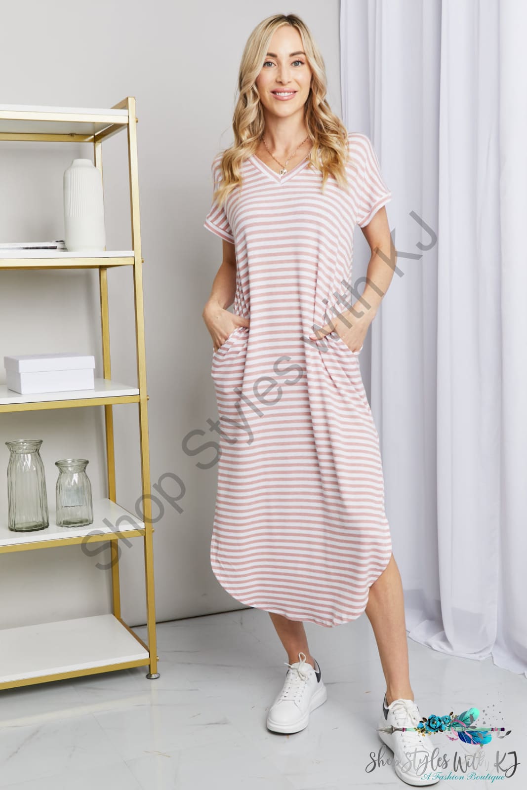 Tobi Horizontal Stripe Side Slit V-Neck Dress Pink/Ivory / S Dresses