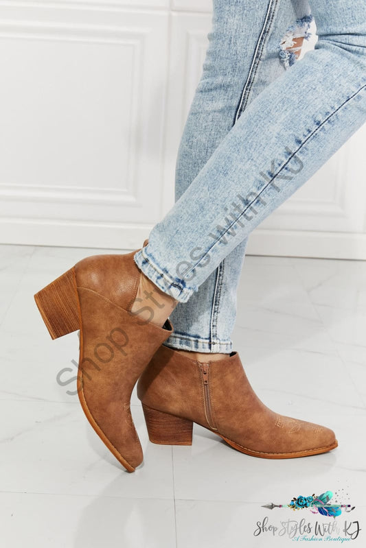 Trust Yourself Embroidered Crossover Cowboy Bootie In Caramel / 6 Shoes