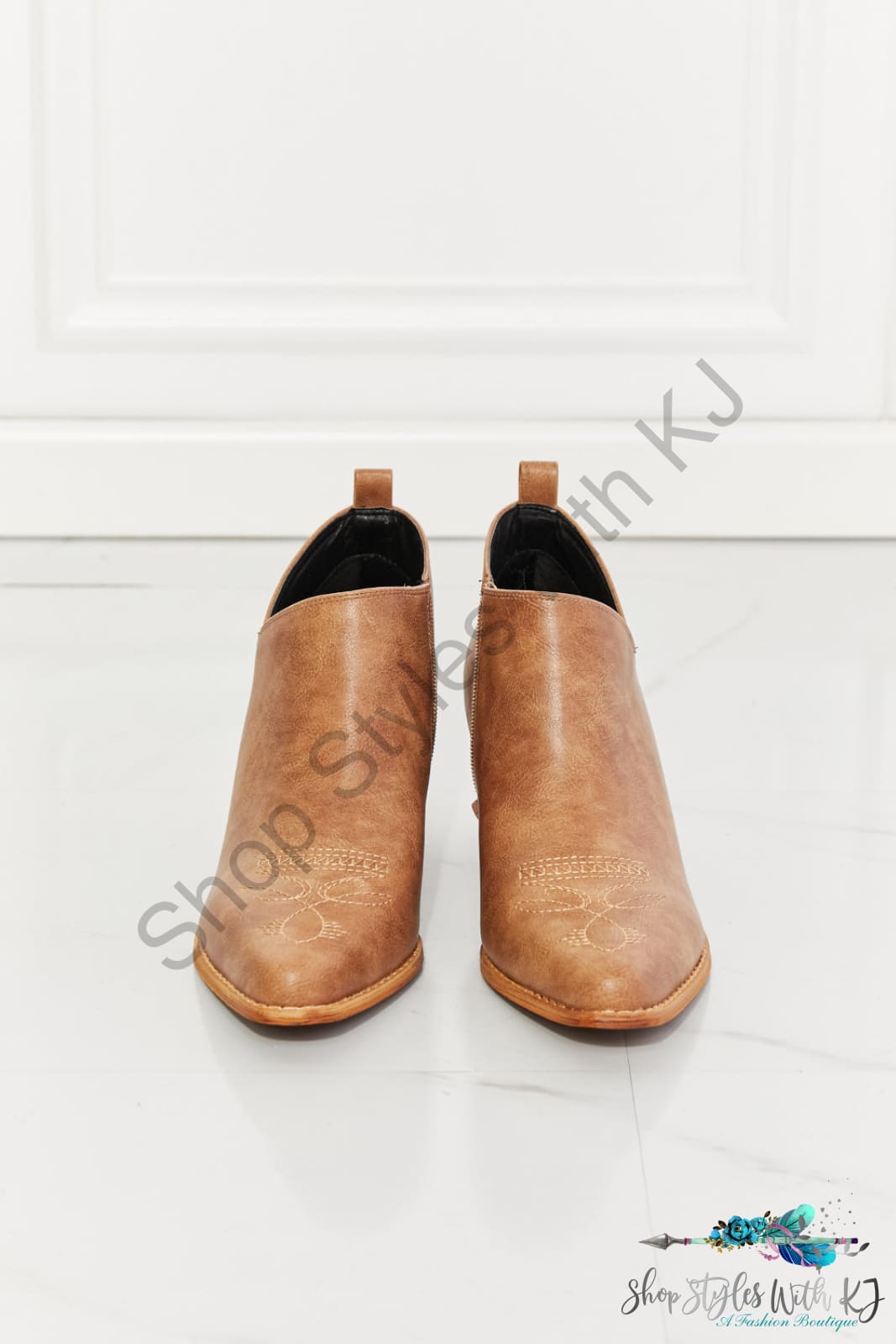 Trust Yourself Embroidered Crossover Cowboy Bootie In Caramel Shoes