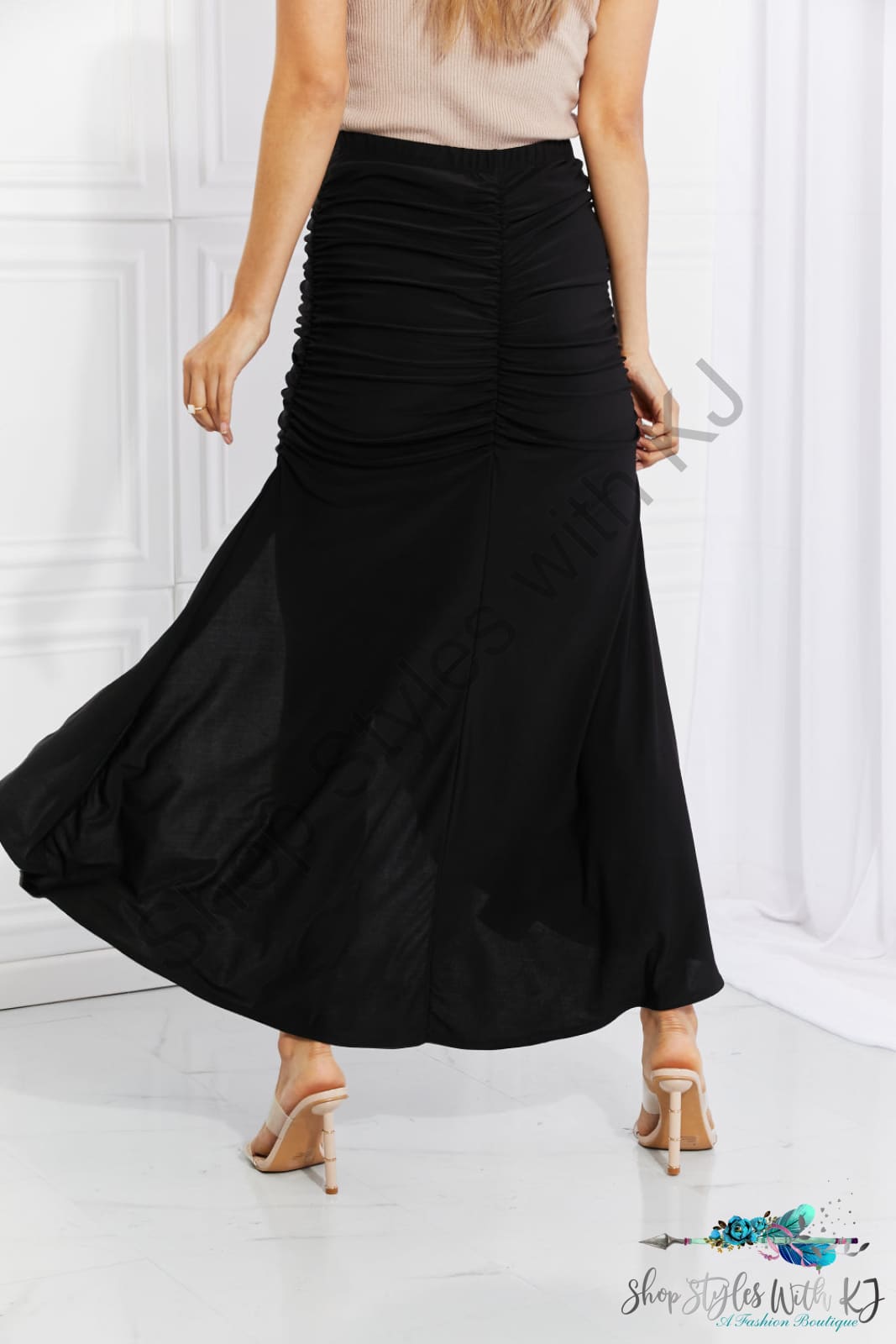 Up And Ruched Slit Maxi Skirt In Black Skirts